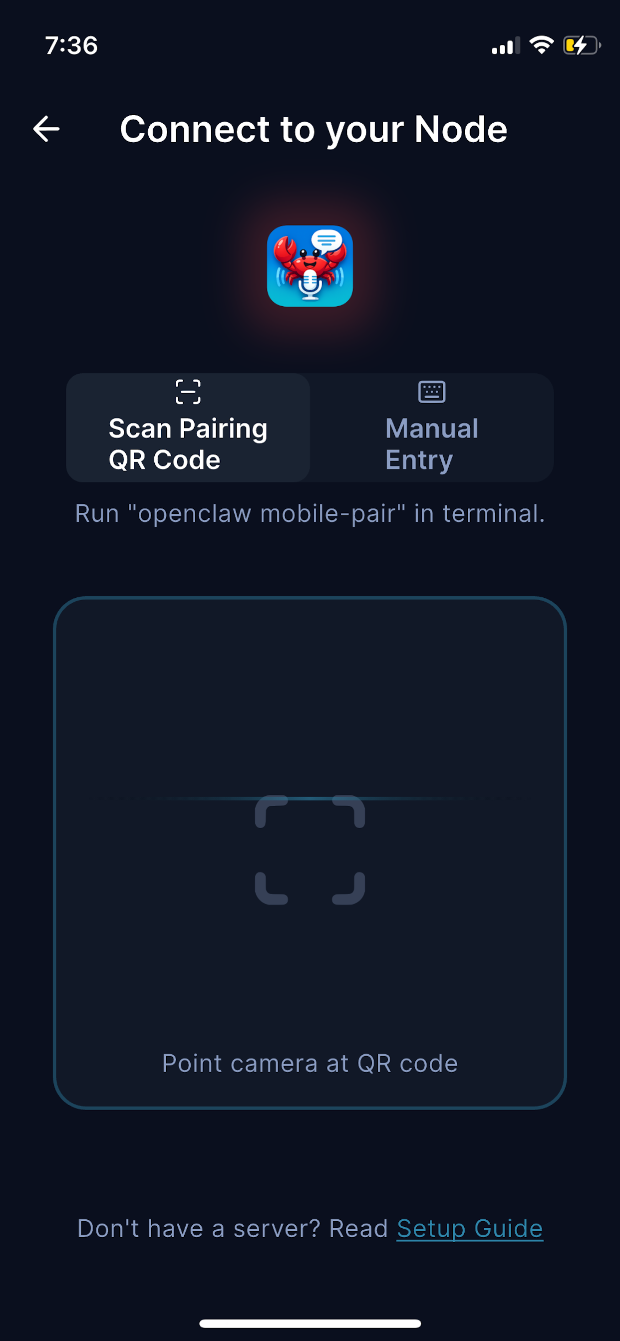 QR code scanning for quick server pairing